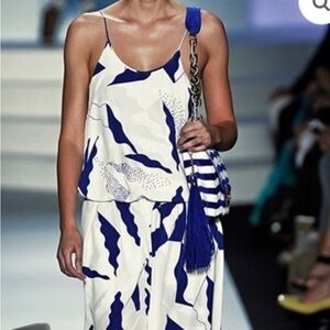 Diane Von Furstenberg Abstract Blue and White Jumpsuit BNWOT SILK SZ 8-10
